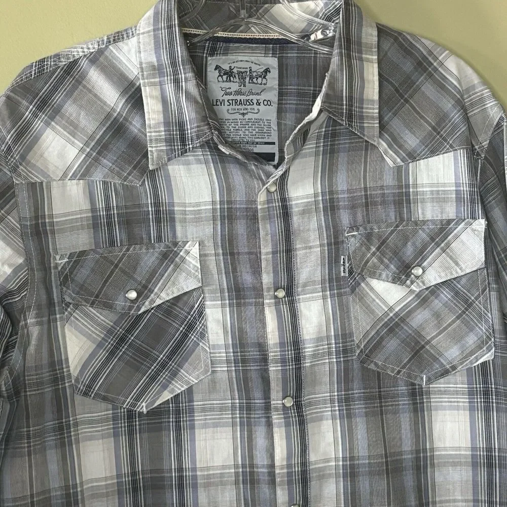 Levi's Shirt Men's Large Western‎ Pearl Snap Plaid Long Sleeve Gray Blue Cowboy